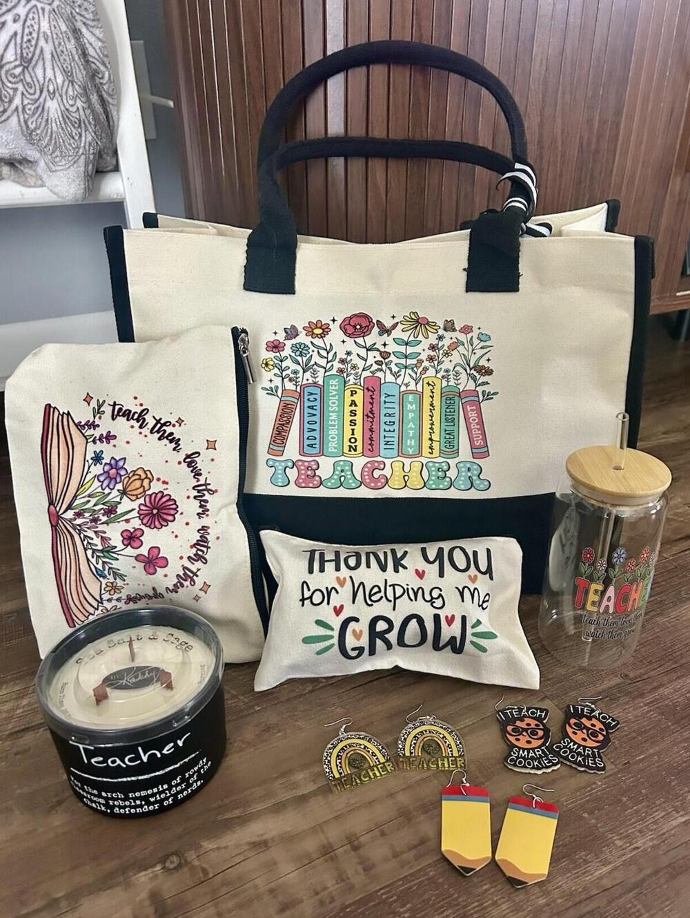 Teacher Appreciation Gifts Bundle W/Canvas Tote, Accessories, Earrings, Candle